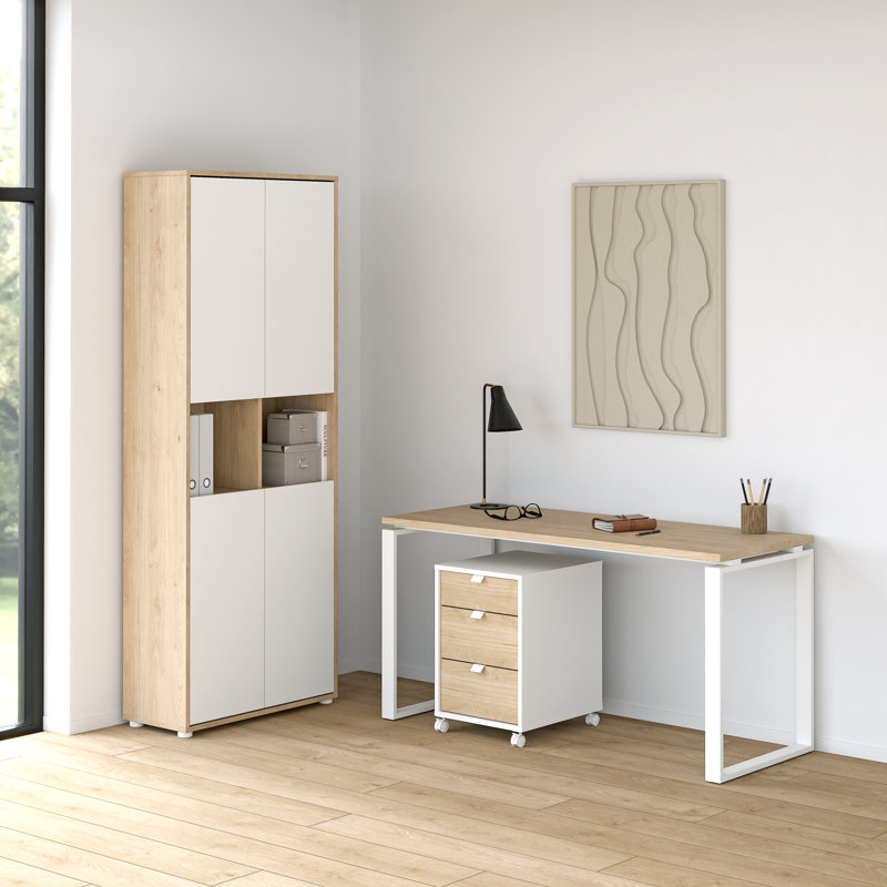 Armoire mobile 3 tiroirs 3 pièces, bureau d'écriture 59 "avec pieds en acier et bibliothèque à 6 tablettes Abba