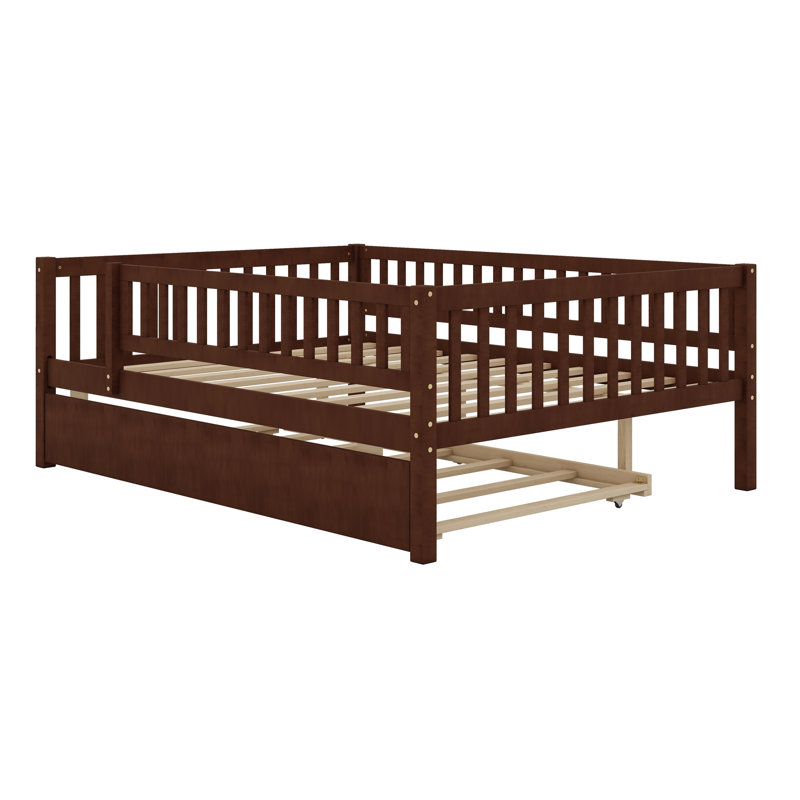 Wood Daybed With Trundle And Fence Guardrails, Walnut