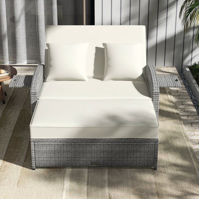 PE Wicker Rattan Double Chaise Lounge In White｜2-Person Reclining Daybed ｜Adjustable Back And Cushions｜Loveseat Arm Sofa｜Free Furniture Protection Cover