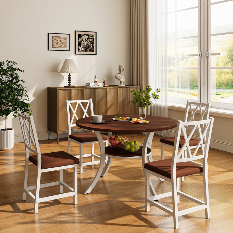 5 Pieces 35.4’’ Transitional Style Round Dining Table Set, Extendable Folding Kitchen Dining Table Set For 4 With 4 PU Upholstered Dining Chairs