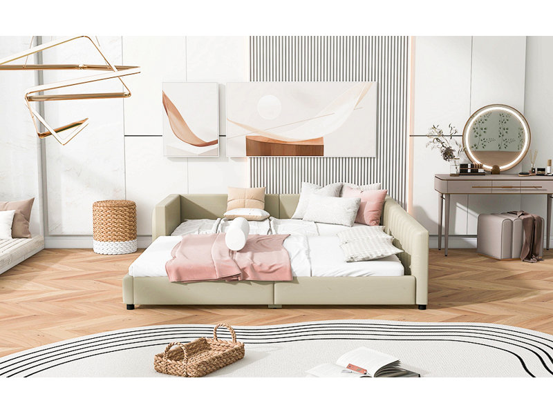 Lit plateforme tapissier grand et simple TG, lit mère et enfant, cuir synthétique, Beige
