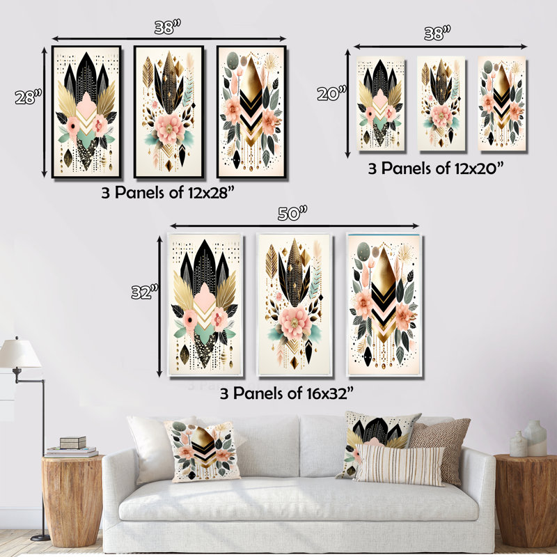«Boho Chic Floral Geometric Retro Illustration III», 3 pièces sur toile, Cadre naturel flottant, H 40 po x l 60 po