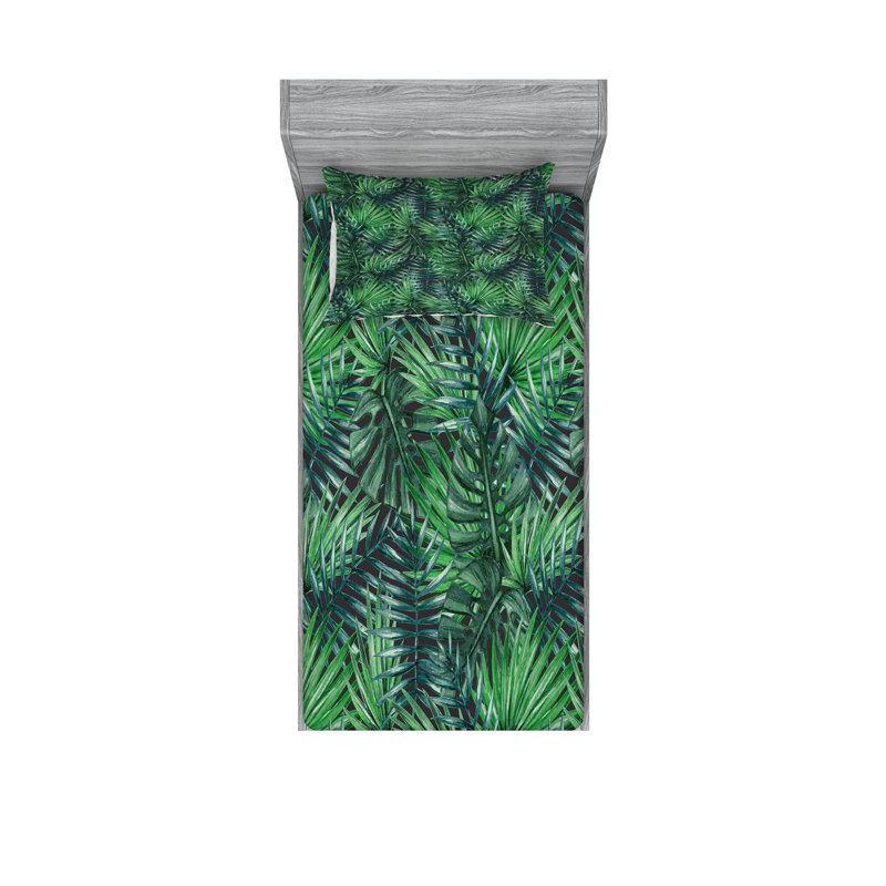 Ensemble de draps et taies décoratives à motif de feuilles Ambesonne, vert forêt, vert foncé