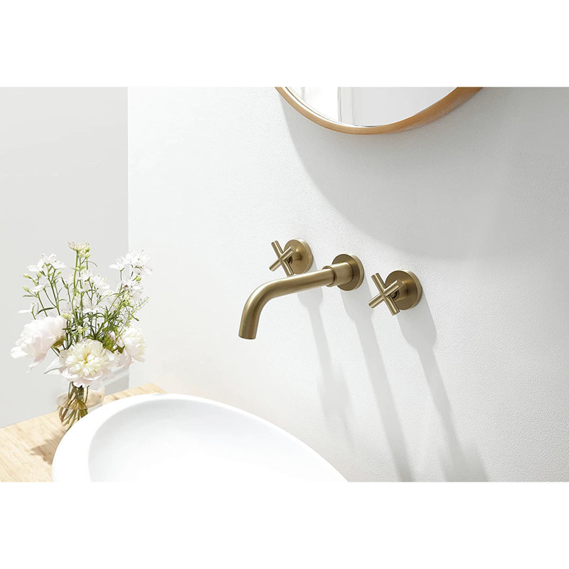 Solid Brass Wall Mount Basin Faucet - Brushed Gold, Finish, 2 Handles Bathroom Gold Brass, Long-Lasting, Brushed Gold