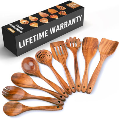 Zulay 9-Piece Teak Wooden Utensils For Cooking, Smooth Finish Kitchen Utensils Set