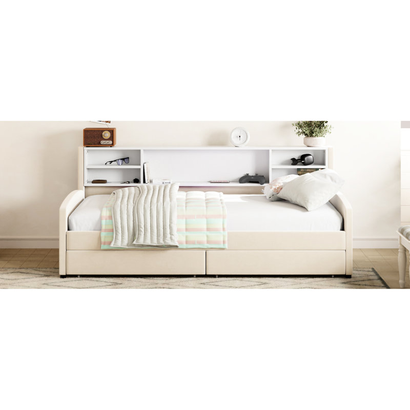 Twin Storage Platform Bed In Beige - Soft Velvet, Comfortable Headboard, Large Drawers For Bedding And Clothing, Construction Size With Upholstered Build