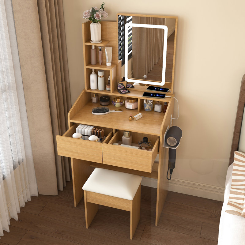 Table de coiffeuse à miroir DEL avec prise de courant, support pour sèche-cheveux et tabouret