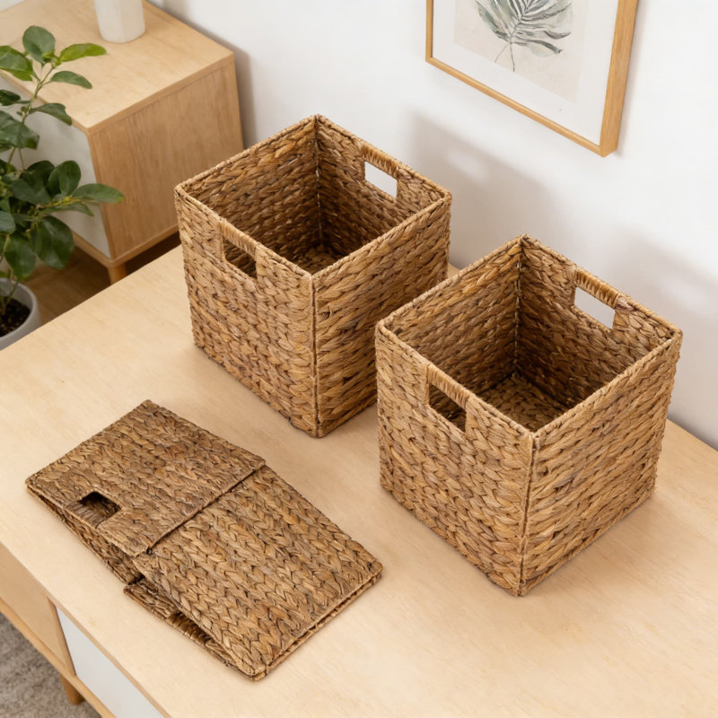 Set Of 5 Handwoven Hyacinth Storage Baskets, Cube Organizers For Laundry, Living Room, Kids Room, And Home Organization