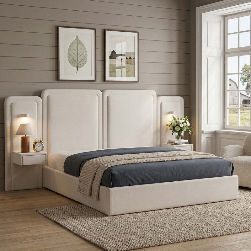 Ensemble de chambre à coucher 3 pièces: grand lit de rangement pneumatique en velours avec tables de chevet flottantes et lumières DEL