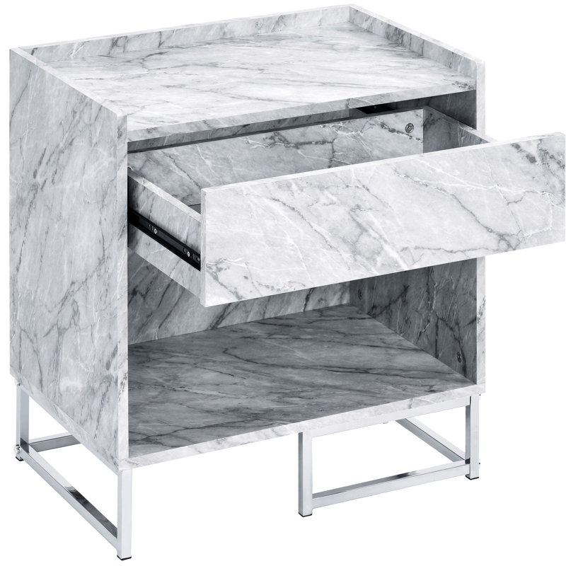 Table d'appoint et tiroir blancs en simili marbre avec rangement blanc