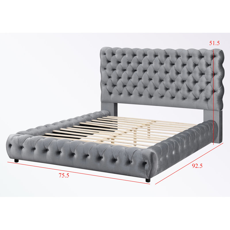 Structure de grand lit plateforme avec tête et pied de lit capitonnés, gris