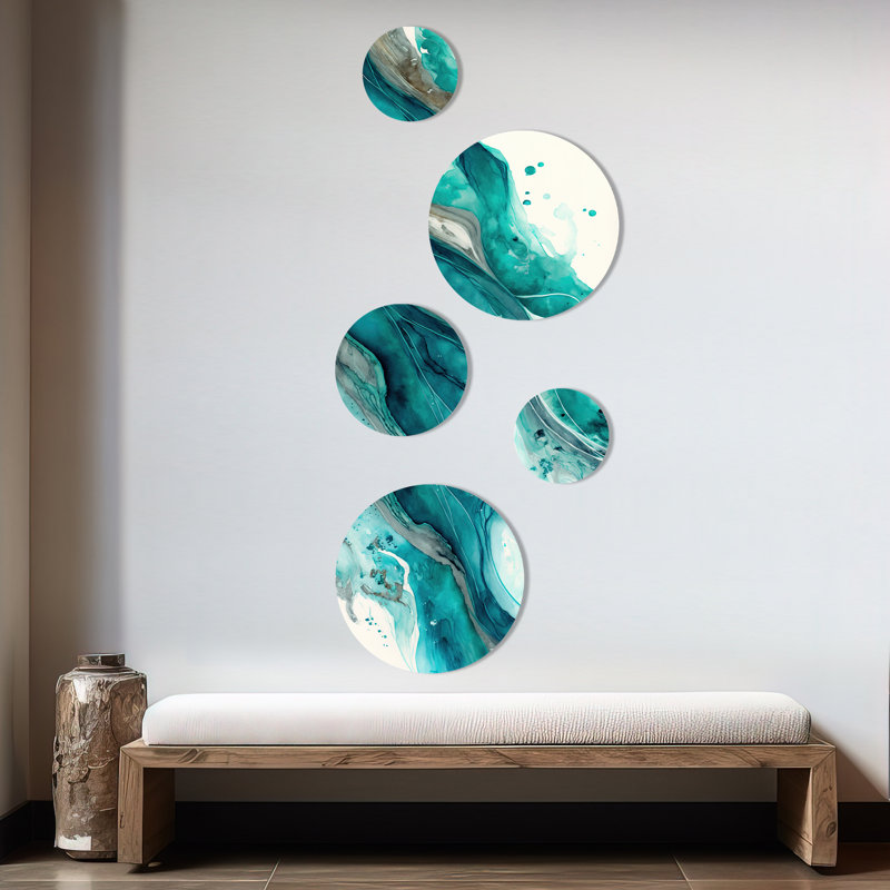 Ensemble de 5 décorations murales rondes en métal 5 vagues turquoise au paradis 