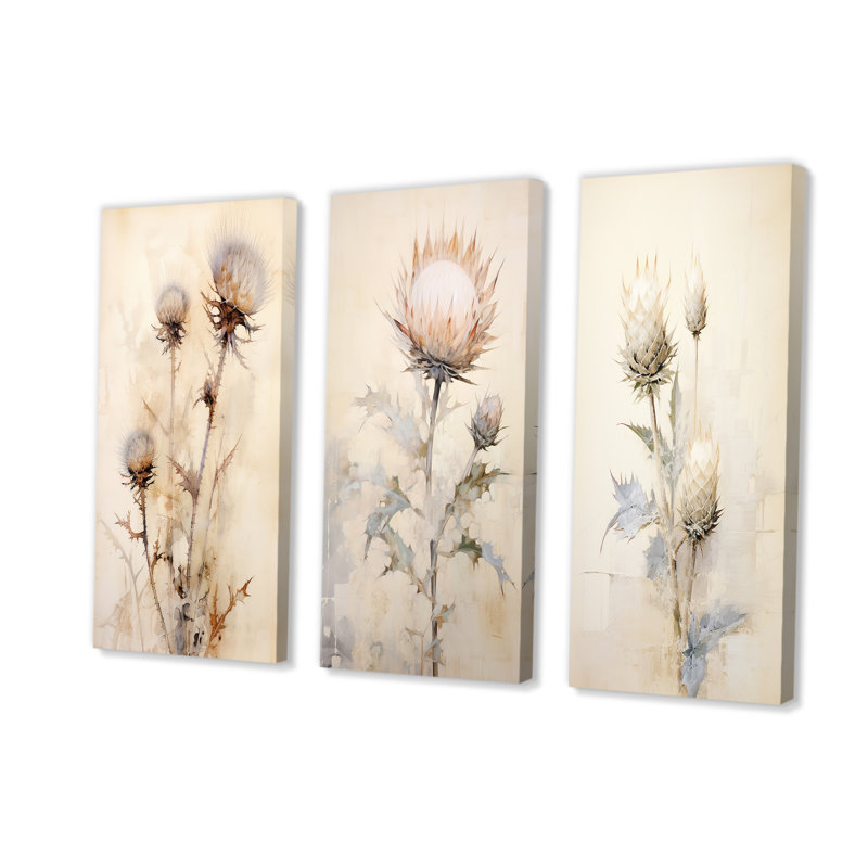 Mute Tone Beige Thistle Flower - ensemble de 3 impressions murales sur toile Thistle, Toile tendue, H 28 po x l 36 po