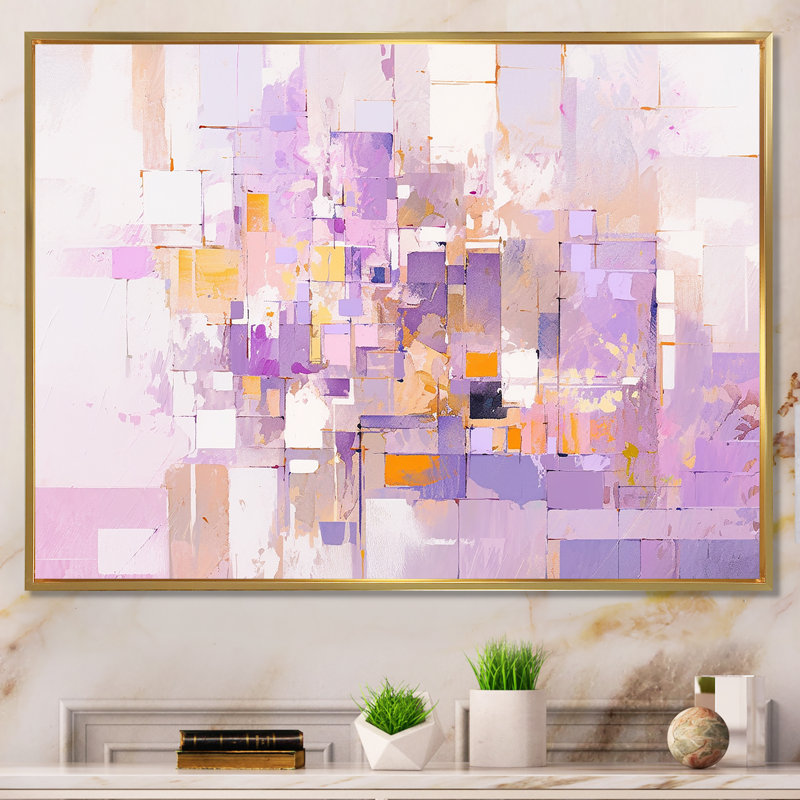 «Pink and Pruple Abstract Shadows I» - Formes abstraites, impressions sur toile, Cadre flottant doré, H 30 po x l 40 po