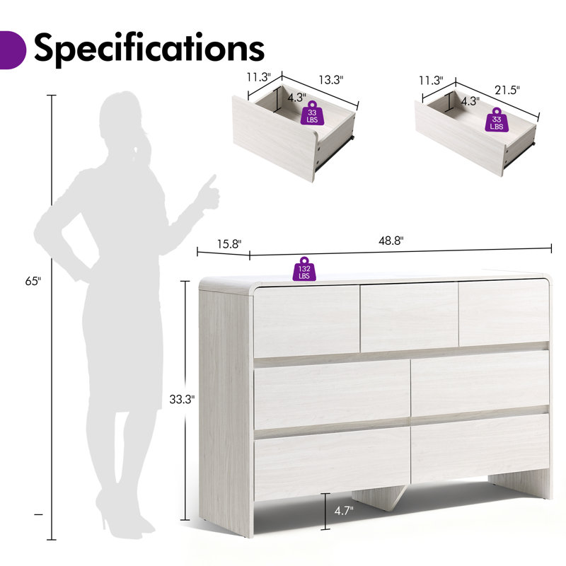 Modern 7 Drawer Dresser with Curved Corners and Flush Front Design, Minimalist Storage Cabinet for Bedroom or Living Room