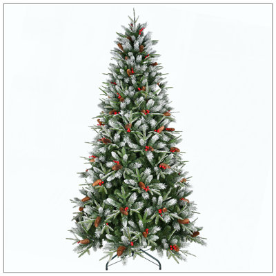 Arbre de Noël avec 1593 pointes, baies rouges et pommes de pin - Branches PE + PVC enneigées, conception à charnières pour une installation facile, support en métal robuste - Décoration d'arbre de Noël naturelle