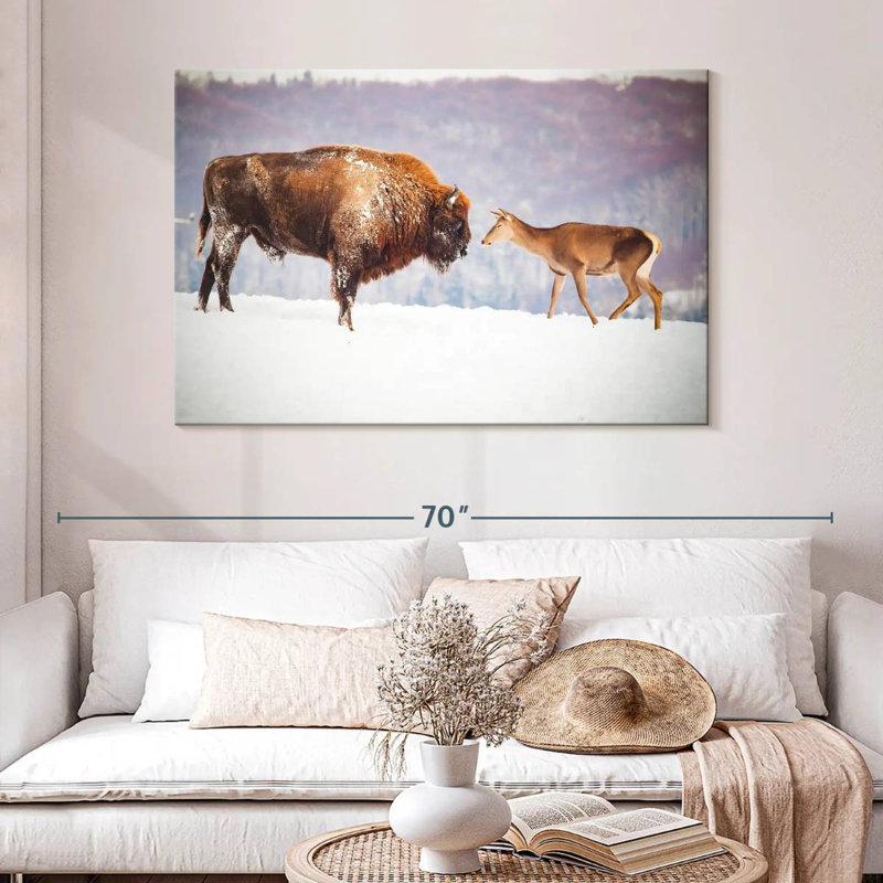Bison de Brampt et cerf en hiver, H 32 po x l 48 po