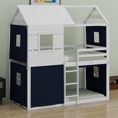 House Loft Bunk Bed With Tent, Ladders,Guardrail,Windows And Roof