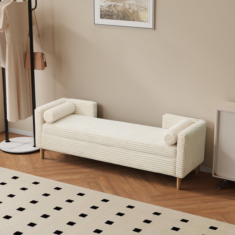65.4" W Modern Storage Ottoman Bench With Armrests And Bolster Pillows, Ivory