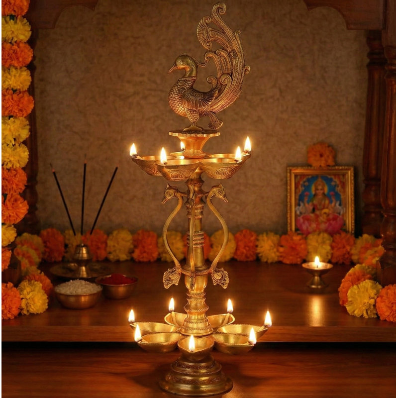 20" Handcrafted Brass Peacock Floor Oil Lamp (Kuthu Vilakku) – Traditional Tiered Puja Diya