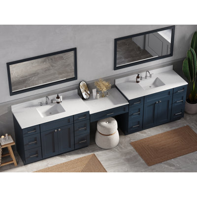 Disar 126'' Double Bathroom Vanity With Desk Dovetail Solid Wood Drawer Carrara Quartz Top