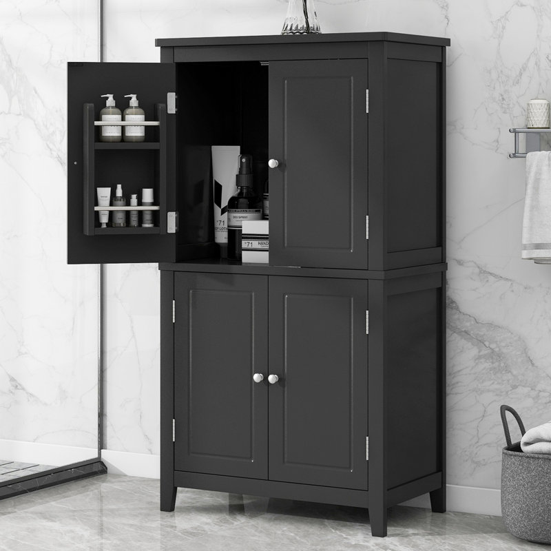 Armoire de rangement pour salle de bain élégante, unité de rangement pour salle de bain, armoire autoportante avec 4 portes, tablettes réglables, tablettes adaptables, noir