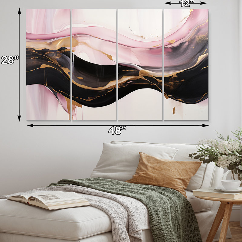 Wild Promises Abstract Gold Wave - rose et noir II - impression sur toile tendue 4 pièces