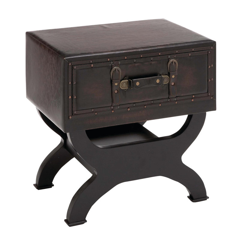 Vintage Black Faux Leather End Table with Single Drawer