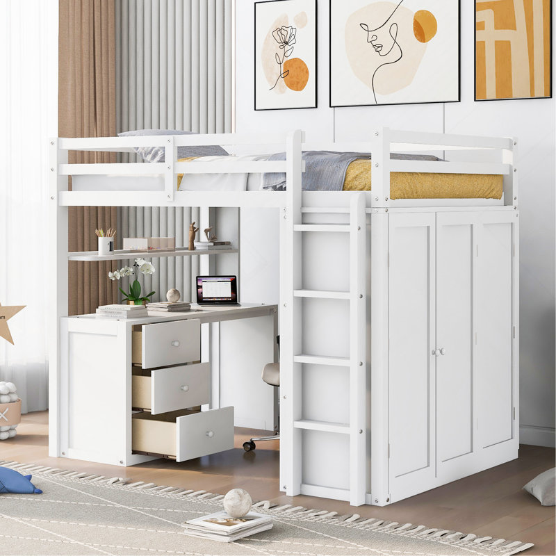 Full Size Loft Bed With Drawers,Desk,And Wardrobe, White