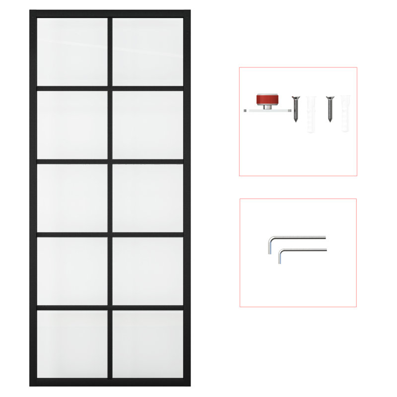 36" x 84" Clear Tempered Glass Sliding Barn Door with Black Aluminum Frame