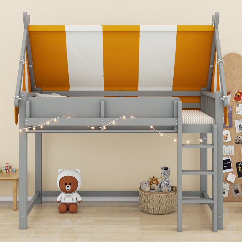 Cozy Canopy Loft Bed Featuring Built-In LED & Storage Shelves, Gray