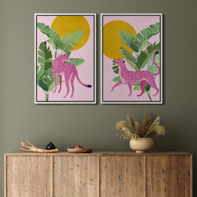 «Tropical Jungle», feuille de bananier, guépard rose, nature, ensemble de 2 impressions sur toile, H 24 po x l 32 po , Blanc