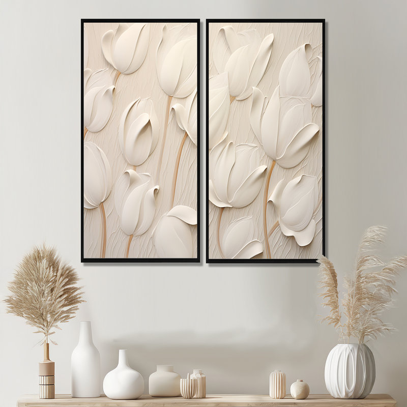 Minimalisme, tulipes blanches symphonie - tulipes florales, impressions sur toile, 20" H x 24" W, Black