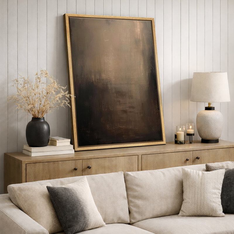 Dark Moody Abstract Gradient Artwork, Contemporary Neutral Tone Pictures, Framed Canvas Giclee Print Wall Art, Natural Frame