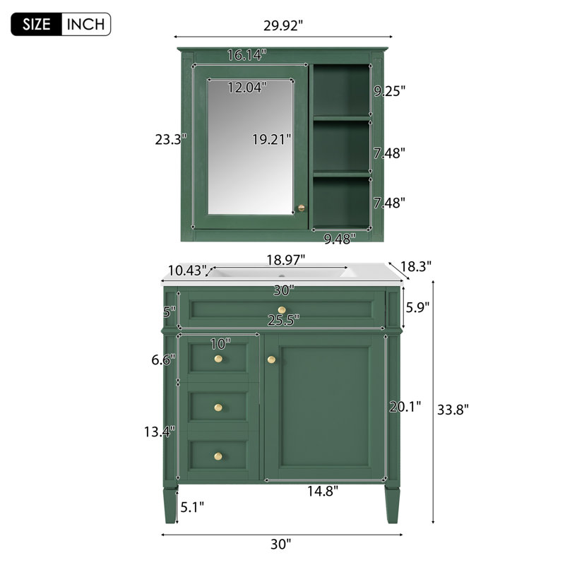 Meraris 30'' Single Bathroom Vanity with Manufactured Wood Top, Green