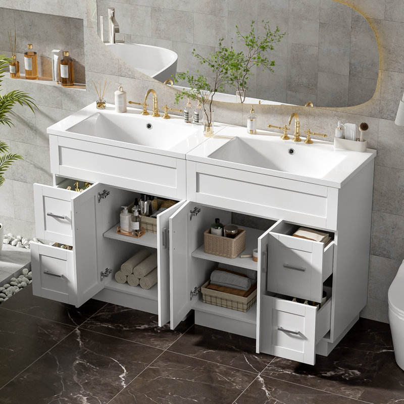 Meuble-lavabo double avec 4 tiroirs et armoires, lavabo double en résine, conception à fermeture en douceur, style traditionnel, salle de bain
