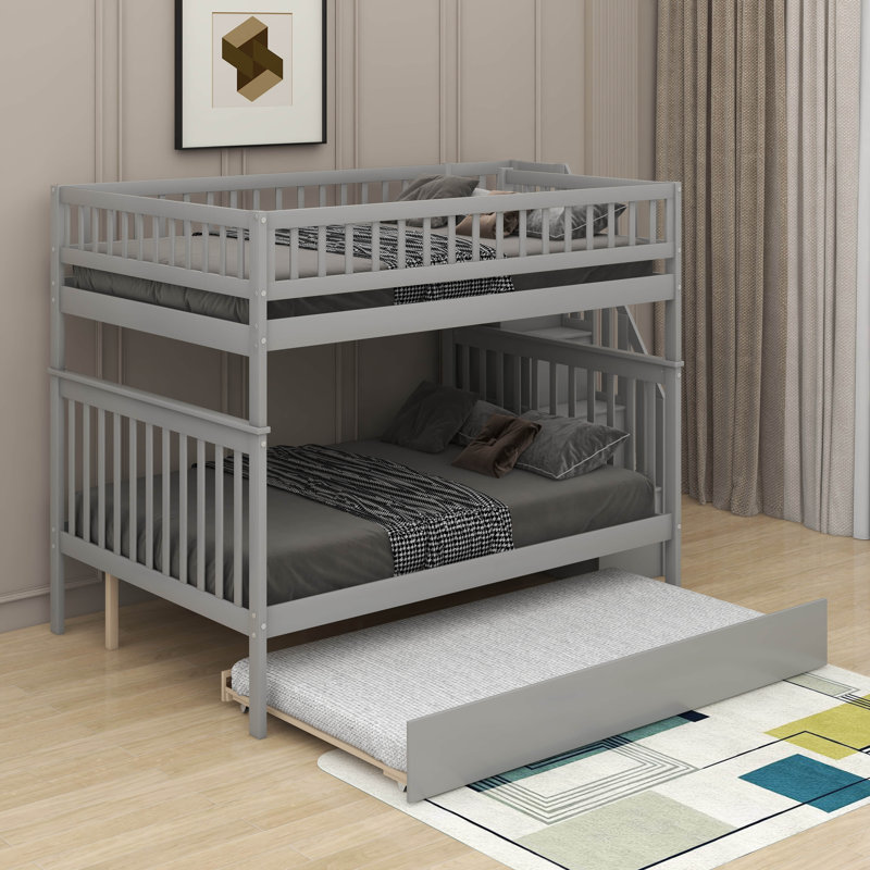 Full Over Full Bunk Bed With Trundle, Gray