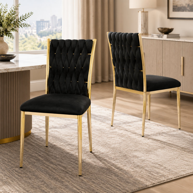 Ensemble de 2 chaises de salle à manger modernes en velours noir avec pattes en métal plaqué or pour salle à manger, cuisine ou chambre.