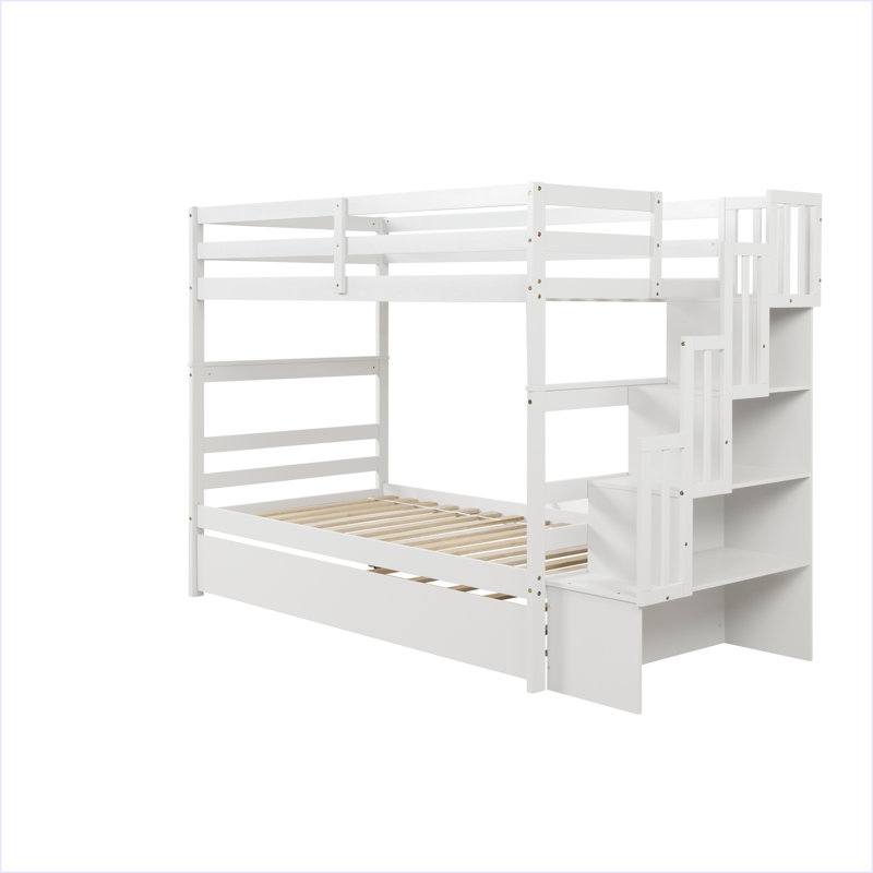 Lits simples superposés avec lit gigogne simple et fonction de rangement pour escalier, Blanc