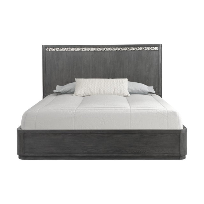 Lit Zoko avec tête de lit à panneau, chrome, bois massif gris cendré, Grand