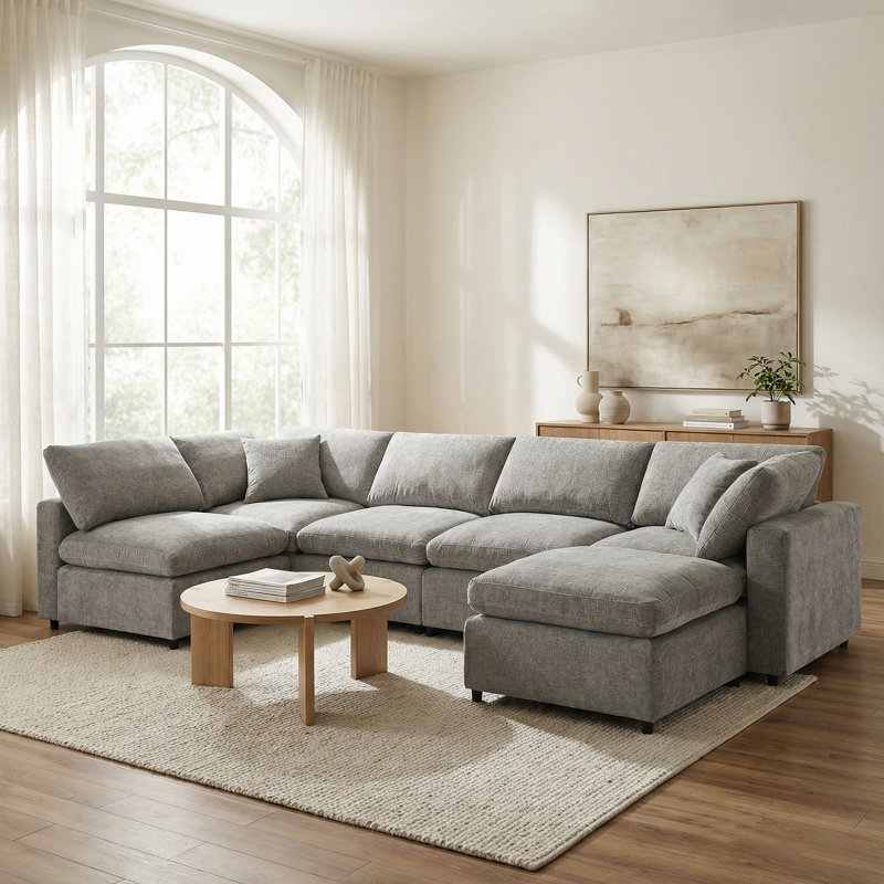 6 Seat Chenille Sectional Couch Set With Ottoman, Gray Chenille