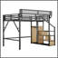 Grand lit mezzanine en métal avec escalier de rangement, garde-robe intégrée, tablettes de rangement