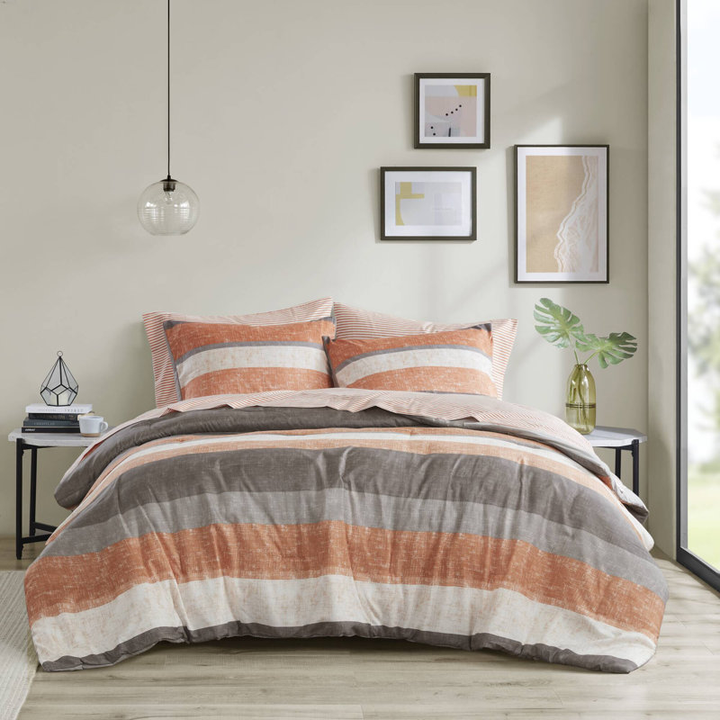 Queen Coral and Grey Microfiber Reversible Bed in a Bag Set
