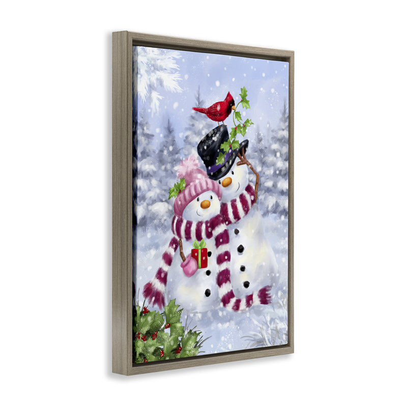 Joyeux bonhomme de neige et toile cardinal par Jean-François, Cadre flottant orme Montalcino, H 25 po x l 17 po