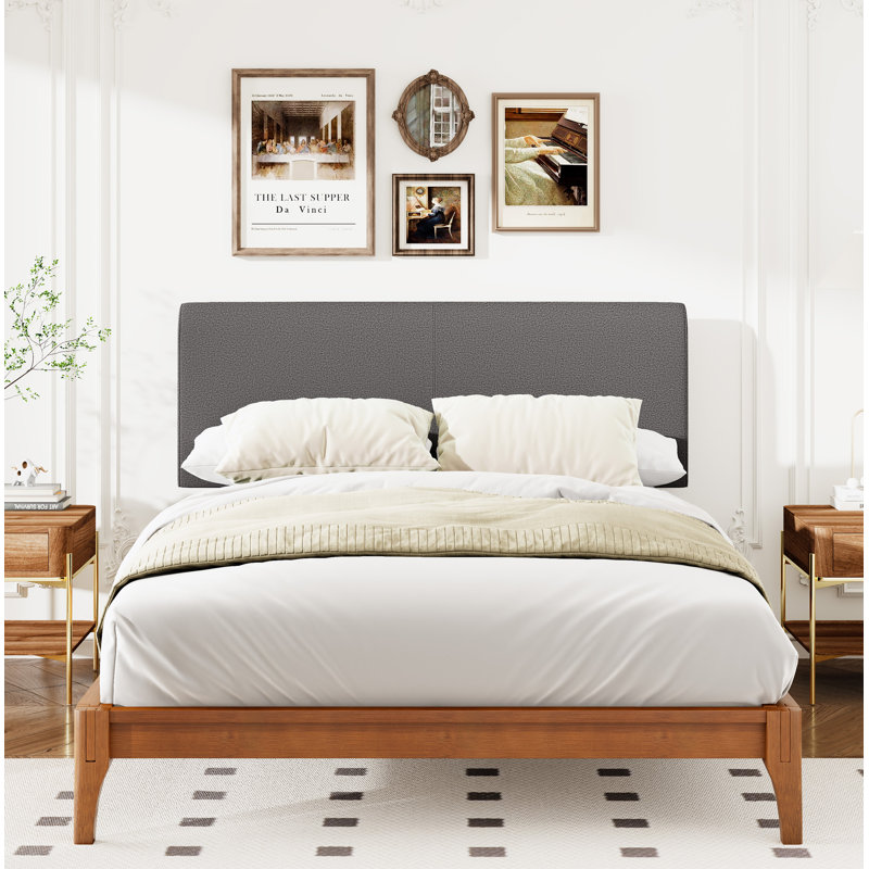 Lit plateforme solide en bois de bambou sec avec tête de lit tapissier courbée grise, Très grand lit