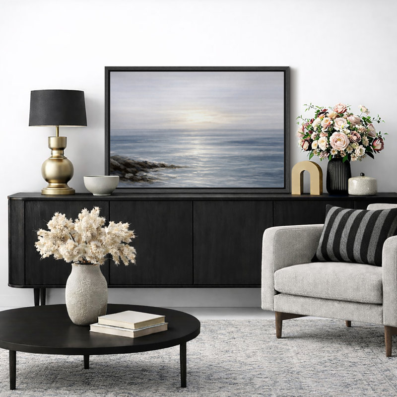 «Gentle Ocean Horizon», images de salon Peaceful Sea Reflection, impression encadrée sur toile, estampe numérique, Cadre noir