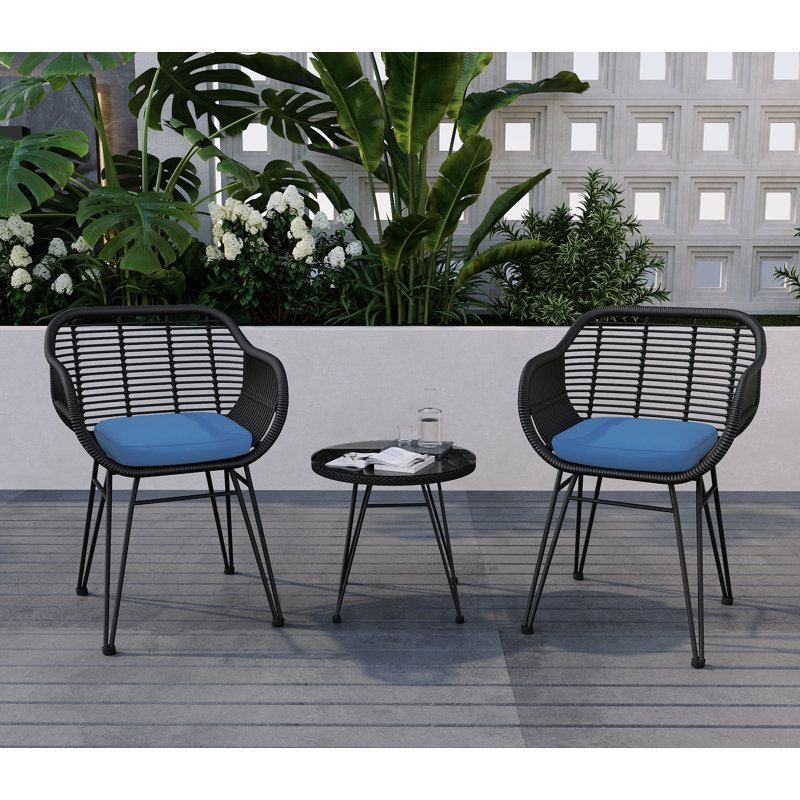 Buschi Round Wicker Rattan Patio Waterproof Seating Set with Cushions and Table, Black, Blue
