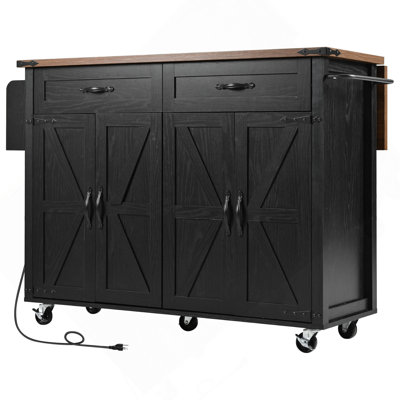 53.5''Farmhouse Kitchen Island With Power Outlet, Kitchen Storage Island With Drop Leaf, Spice Rack And Drawer, Rolling Kitchen Cart On Wheels, For Home, Kitchen And Dining Room