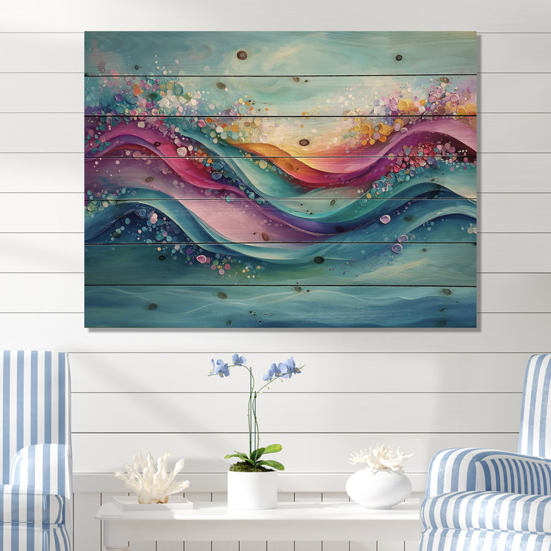 Encre rose et bleue Oceanic Waves II - impression de bois côtier - sur bois de pin naturel, H 24 po x l 32 po x P 0,78 po