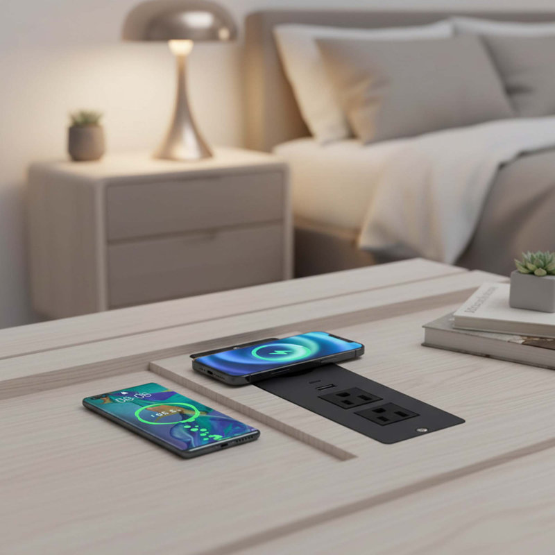 Multiprise encastrée Chargeur sans fil USB C 15 W à chargement rapide 2 prises CA 2 ports USB Meuble de bureau pour bureau à domicile